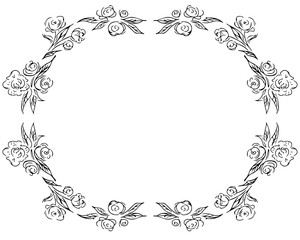 Wreath of black roses or peonies flowers and branches isolated of white. Foral frame design elements for invitations, greeting cards, posters, blogs. Hand drawn illustration. Line art. Sketch