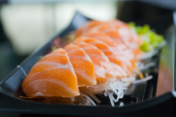 Salmon Sashimi on Black Ceramic Plat,black background.