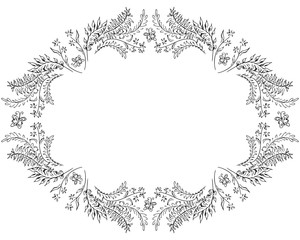 Wreath of black roses or peonies flowers and branches isolated of white. Foral frame design elements for invitations, greeting cards, posters, blogs. Hand drawn illustration. Line art. Sketch