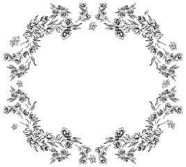 Wreath of black roses or peonies flowers and branches isolated of white. Foral frame design elements for invitations, greeting cards, posters, blogs. Hand drawn illustration. Line art. Sketch