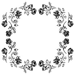Wreath of black roses or peonies flowers and branches isolated of white. Foral frame design elements for invitations, greeting cards, posters, blogs. Hand drawn illustration. Line art. Sketch