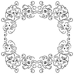 Wreath of black roses or peonies flowers and branches isolated of white. Foral frame design elements for invitations, greeting cards, posters, blogs. Hand drawn illustration. Line art. Sketch