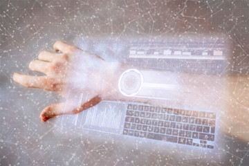 3d simulation of the diagram infographics on the persons hand, futuristic information spreads