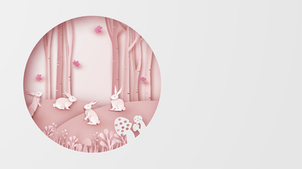 Illustration of rabbit family in the forest. Cute rabbit family in autumn forest. and place for your text space. paper cut and craft style. vector, illustration. © ibom