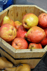 Wooden basket full of organic pears