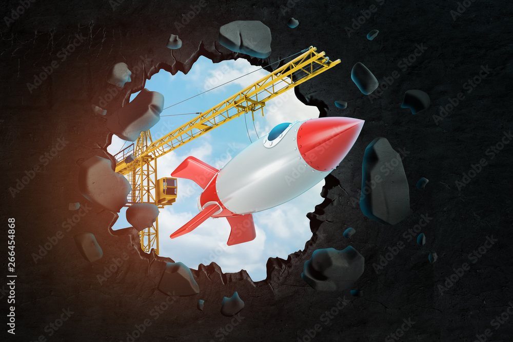 Poster 3d rendering of hoisting crane carrying space rocket and breaking wall leaving hole in it with blue 