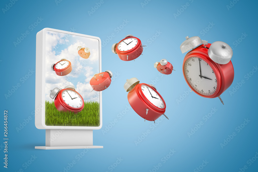 Poster 3d rendering of many red alarm clocks flying out from information display screen on gradient blue ba