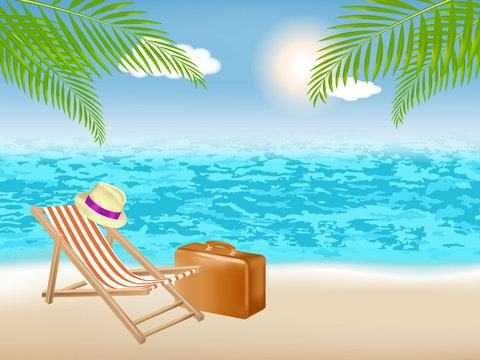Summer and vacation time at colorful beach with palm tree and sea. Travelling and journey concept. Vector illustration.