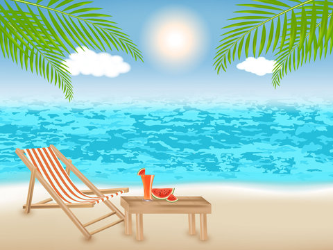 Summer and vacation time at colorful beach with palm tree and sea. Travelling and journey concept. Vector illustration.