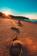 Footprints in Sand on Beach at Sunrise - 266455429