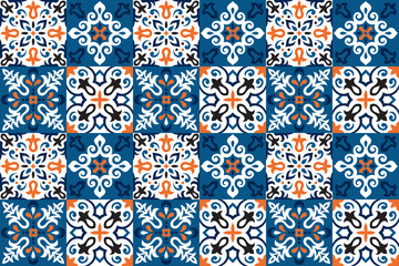 Ethnic style vector seamless pattern. Azulejos ceramic tile design. Talavera tracery motif. Portuguese, Spanish, Mexican, Brazilian folklore ornament.