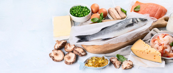 Foods rich in natural vitamin D. Panorama, banner with copy space
