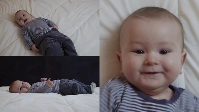 Collage of long and close up shots of smiling infant boy in striped pullover and grey trousers lying on white linen, moving. Top and side views. Childhood concept