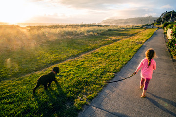 A toddler aged girl walking her dog on a path near the ocean at sunset.