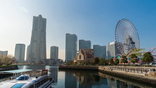 time lapse of Minatomirai, view from the bay in Yokohama city, Japan