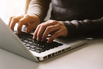 Searching Browsing Internet Data Information Networking Concept with blank search bar.businessman working with mobile phone and laptop computer VR icon in office