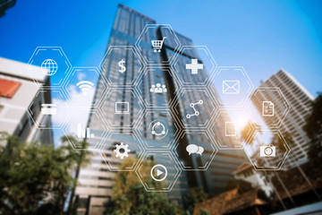 Smart city data Management Platform with virtual interface graphic icons concept