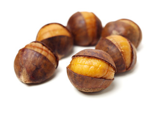 chinese food, peeled roasted chestnut on white background