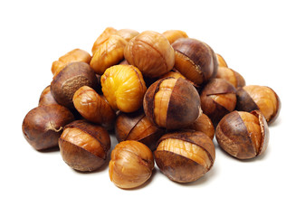 chinese food, peeled roasted chestnut on white background