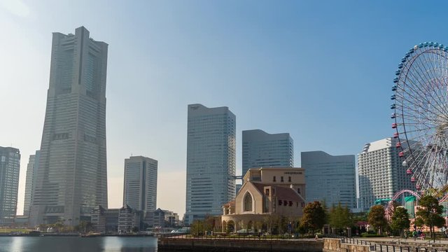 time lapse of Minatomirai, view from the bay in Yokohama city, Japan