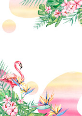 Obraz na płótnie Canvas Watercolor tropical flower, flamingo and leaf arrangement abstract border frame for wedding, anniversary, birthday, invitations, cards
