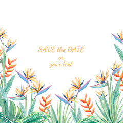 Fototapeta na wymiar Watercolor tropical floral frame banner. Summer illustration for invitation, wedding or greeting cards