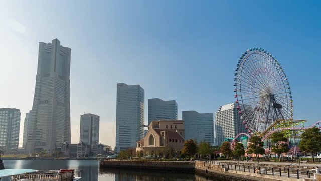 time lapse of Minatomirai, view from the bay in Yokohama city, Japan