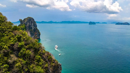 Fototapeta na wymiar Aerial drone view of tropical Koh Hong island in blue clear Andaman sea water from above, beautiful archipelago islands and beaches of Krabi, Thailand