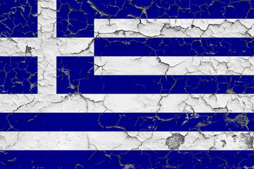 Flag of Greece painted on cracked dirty wall. National pattern on vintage style surface.