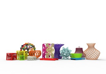3D rendering of collection of colored complex typical 3D print products demonstrating the possibilities of 3d printing on a white background
