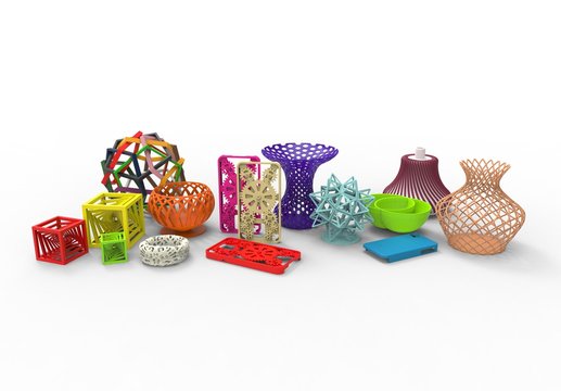 3D rendering of collection of colored complex typical 3D print products demonstrating the possibilities of 3d printing on a white background