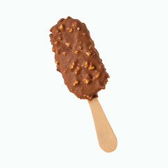 Chocolate popsicle on the sticks, ice cream in milk chocolate and with a wink. Bright color, summer mood. Ice cream, freshness, Isolate, on a white background