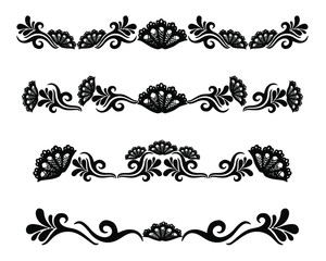 Set of four hand drawn floral borders. Black vector illustration with flowers and tribal elements on white background