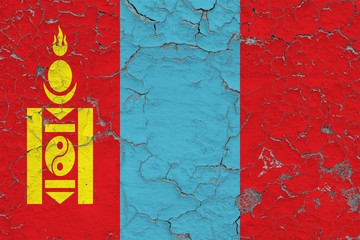 Flag of Mongolia painted on cracked dirty wall. National pattern on vintage style surface.