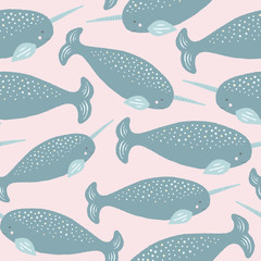 Sweet narwhal seamless repeat pattern in grey and pink. Vector ocean creature design ideal for children. © Anna Beatty