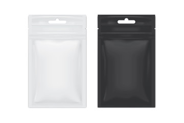 white and black packaging sachet on white background