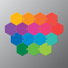 Sixteen piece puzzle jigsaw hexagonal info graphic