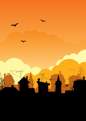 Roof silhouettes.Dawn city.An illustration of a sunset