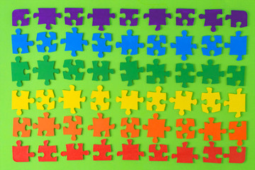 equality promotion: set of puzzle colors of the LGBT flag on a green background