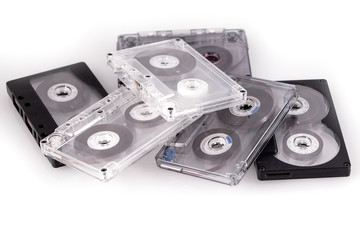 vintage audio tapes over white background