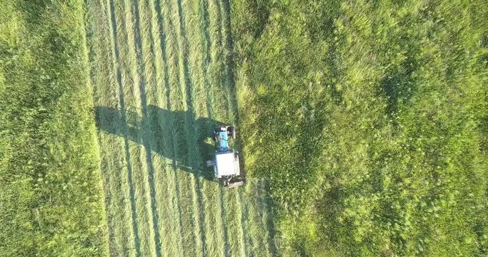 drone follows old hay baler moving along big field leaving path from cut grass on sunny day