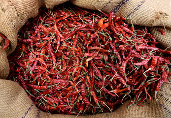 Dried whole red Indian chili peppers, spice market in Rajasthan