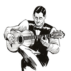 Male musician playing an acoustic guitar. Ink black and white drawing