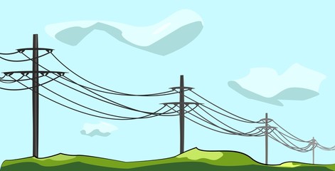 Electric poles with wires in the open air under the sky and clouds
