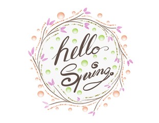 Hello Spring, greeting card, hand drawn with wreath on white background