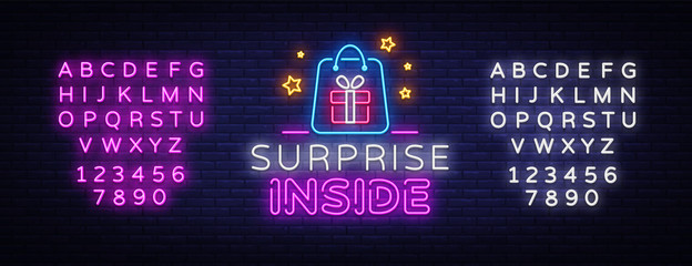 Surprise neon sign vector design template. Surprise Inside neon light banner design element colorful modern design trend, night bright advertising, bright sign. Vector. Editing text neon sign