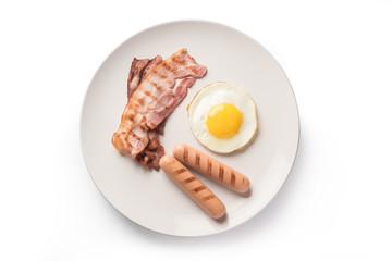 Sausages, fried bacon and egg on plate