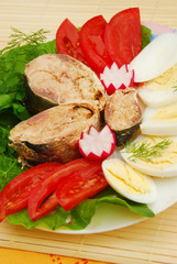 Plate with sardines tomatoes and aromatic herbs on a table