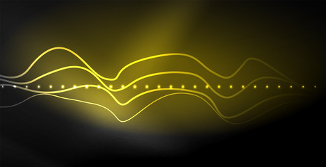 Glowing abstract wave on dark, shiny motion, magic space light. Techno abstract background