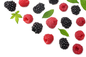 blackberries with raspberries and green leaf isolated on white background. top view